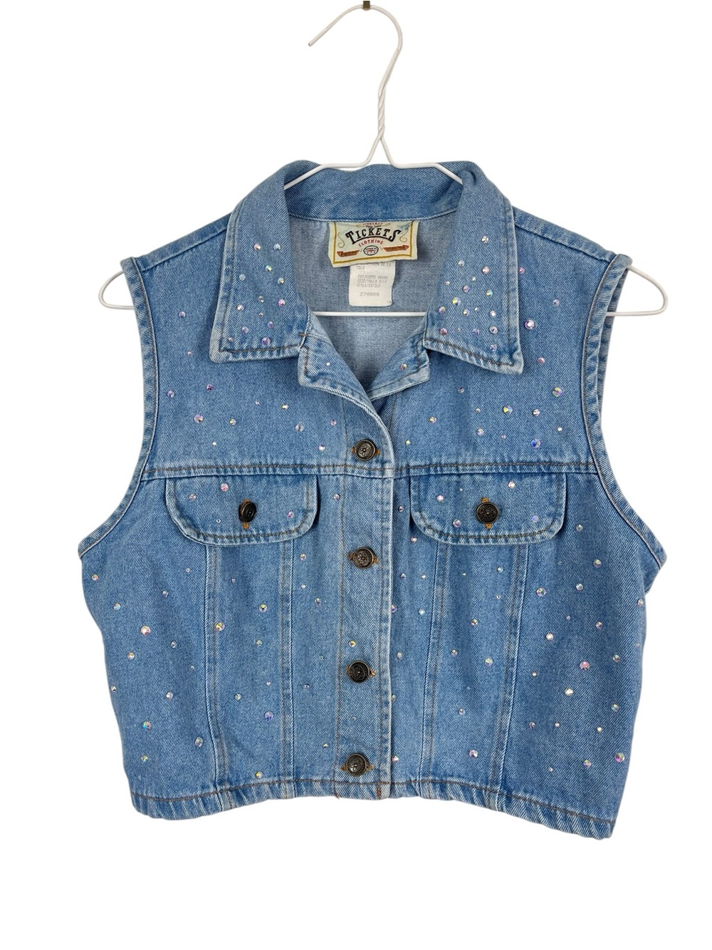 Vintage Tickets Rhinestone Denim Vest Cropped Western Y2K Size 9-10 Fits S